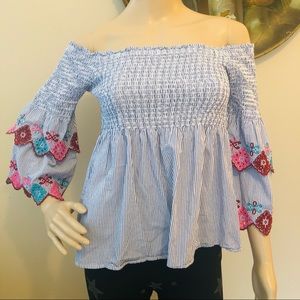 LOFT Bell Sleeve Embroidered Top